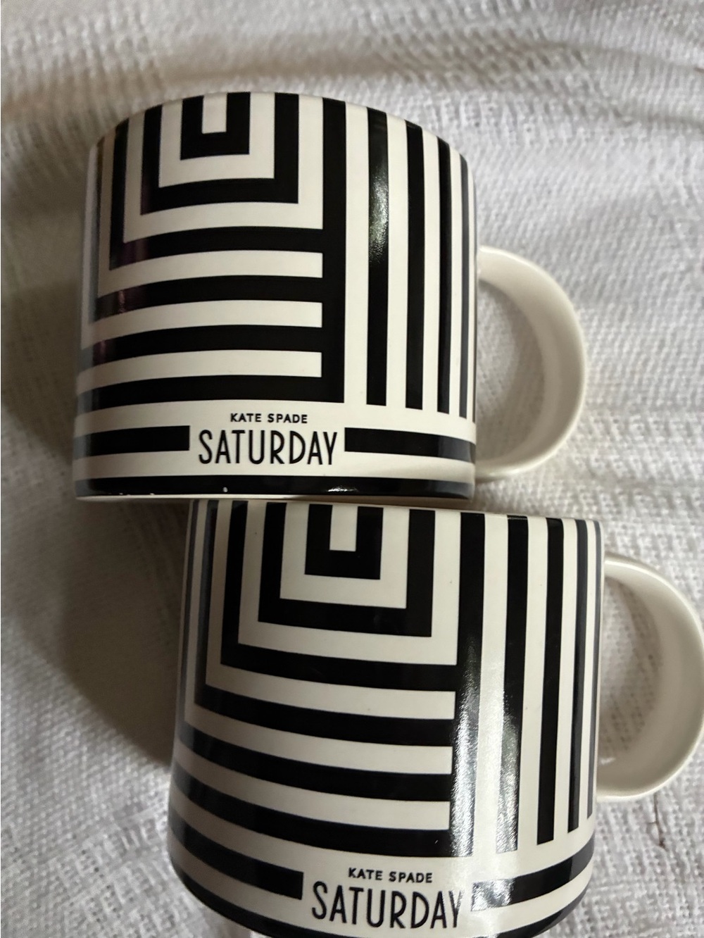 Kate Spade Saturday Coffee Mugs (2) Black & White Geo Stripe 13oz Geometric